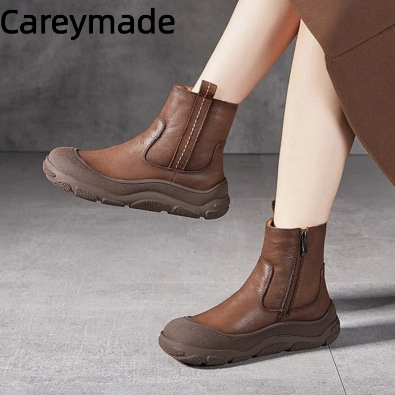 

Careaymade-Wide toe Autumn Winter New Thick Soled Round Toe Warm Plush Boots Genuine Leather Retro Women's Cotton Shoes