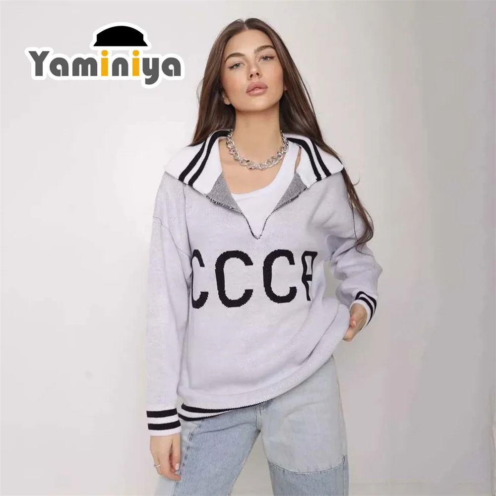 Yaminiya Women's Sweater Knitted Long Sleeve Lapel Letter Knitted Women's Jumper Simple Fashion Casual Shirt Women 2024 New