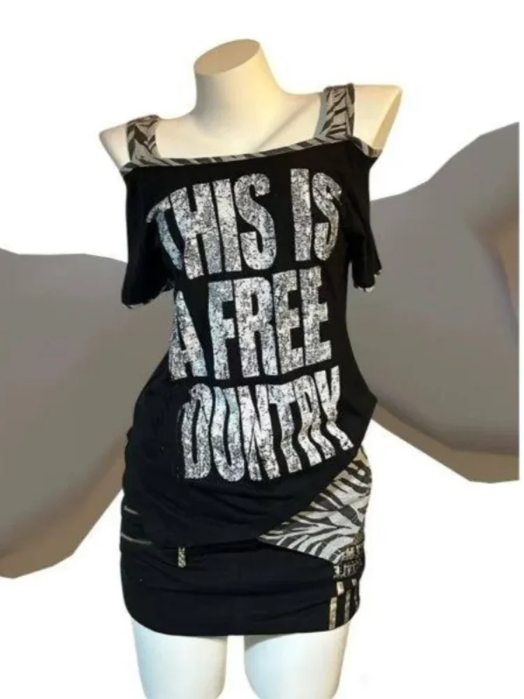 Japanese Vintage letter printed waist cinched Y2K short sleeved women's vest millennial spicy girl ins zebra print top emo girl