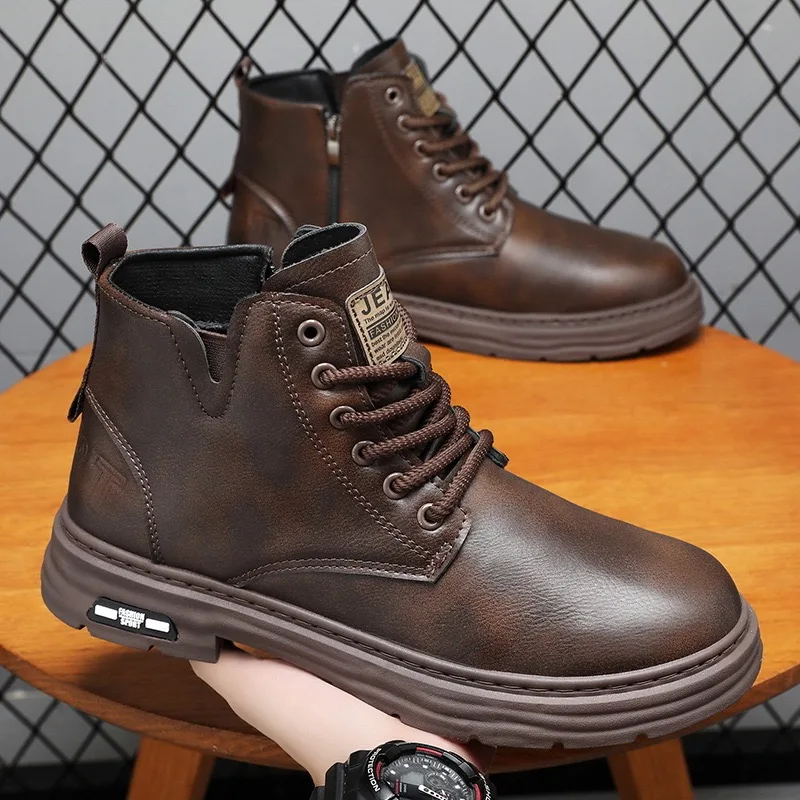 2025 männer Stiefeletten Mode High-top Casual Leder Boot Nicht Slip Plattform Stiefel für Männer Lace Up Motorrad stiefel Botas Hombre