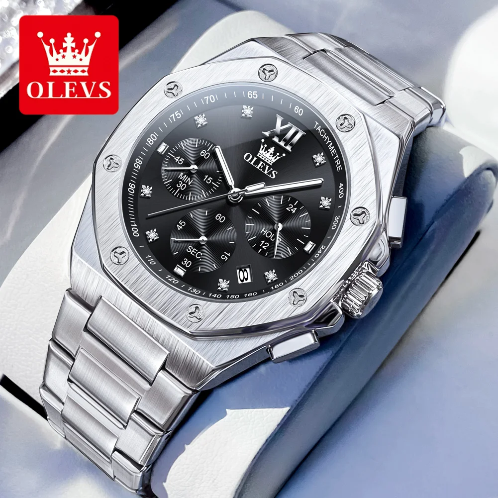 OLEVS 3626 Quartz Watch For Men Multi-functional Dial 24-hour Moon Phase Stainless Steel Strap Luminous Waterproof Watch