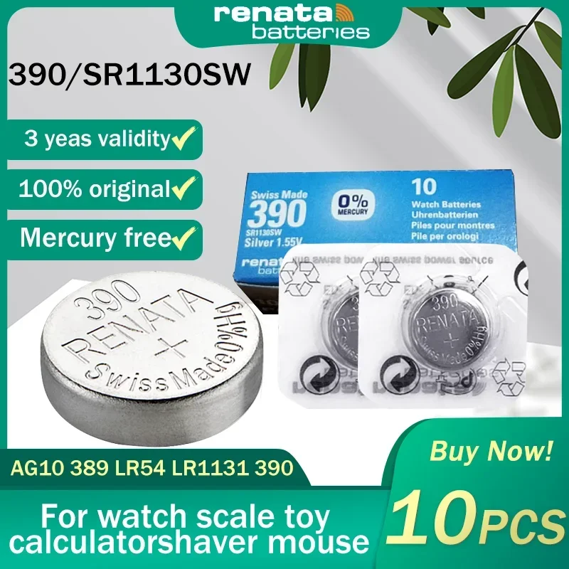 10PCS 100% Renata 390 SR1130SW AG10 389 LR54 603 1.55V Silver Oxide Watch Battery For Toy Scale Remote Control Button Coin Cells