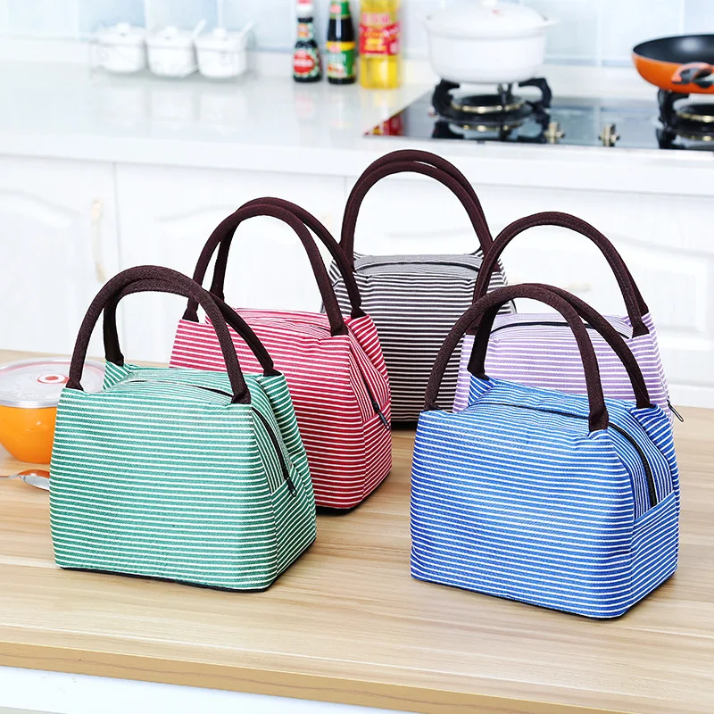 Hot Striped Pattern Style Thermal Oxford Lunch Picnic Bags Waterproof Nylon Storage Insulation Tote Food Handbag For Adult Kids