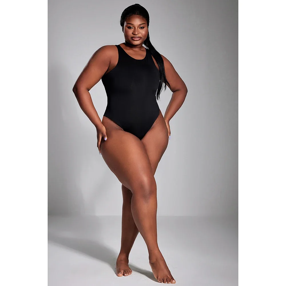 Plus Size Daily Bodysuit schwarzer enger ärmelloser Top Double Layer Weste Bodysuit