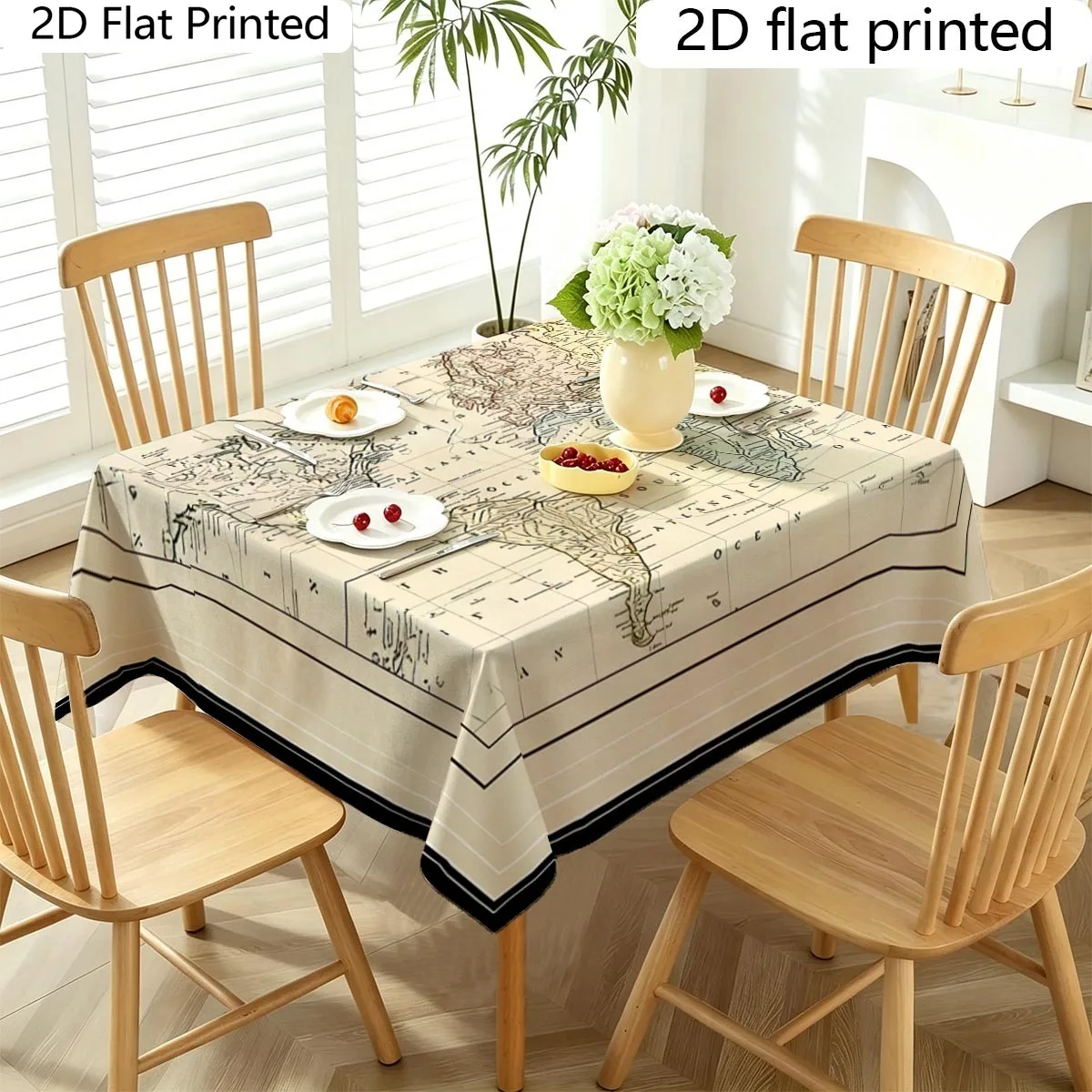 Retro world map printed tablecloth - polyester fiber, high-quality and durable version