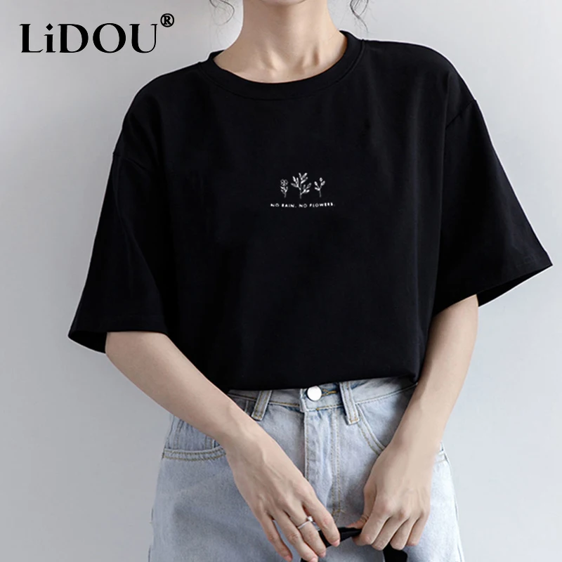

Korean Style Round Neck Women's Clothing Summer Solid Color Cotton Plant Printing Short Sleeve Women Loose Comfortable T-shirt