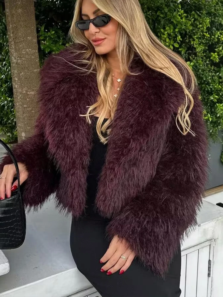 HH 2025 ファッション レディース フェイクファーコート 女性用 長袖 フロントスナップボタン 女性用アウターウェア シックなラペルカラー 厚手コート