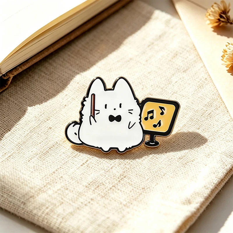 Cute White Cat Musical Instrument Pins 4-style Enamel Metal Cartoon Animal Pin On Bags Lapel Badge Fashion Accessories Gifts