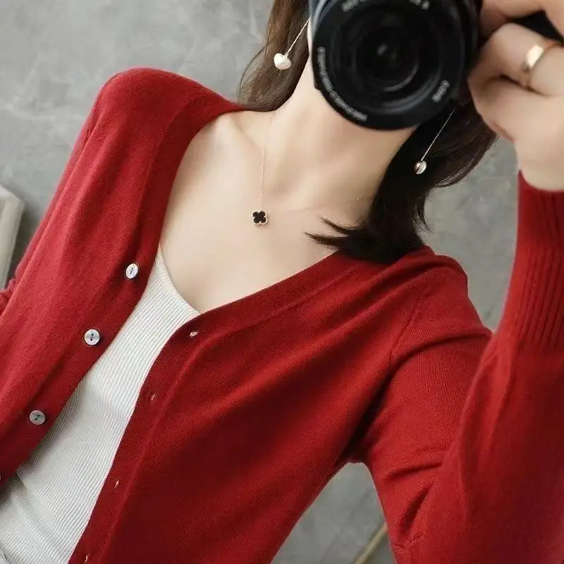Women Cardigans V-neck Long Sleeve Knitted Outerwear Solid Thin Spring Autumn Sweaters Knitwears Korean Fashion Red Cardigans image 6