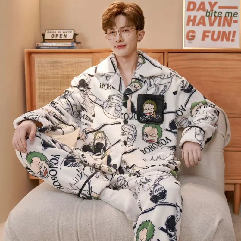 

ONE PIECE Anime 2Pcs/set Men's Couple's Pajamas Padded Thickened Warm Long-sleeved Trousers Coral Fleece Homewear Men's Clothing