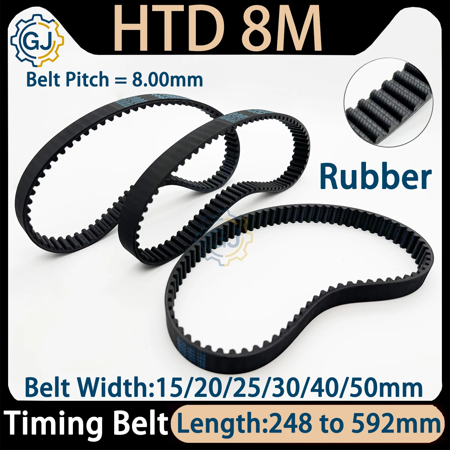 HTD 8M Closed Loop Timing Belt Width 15/20/25/30/40/50mm Length 248 256 272 288 304 320 328 336 352 368 384 448 456 480  592mm