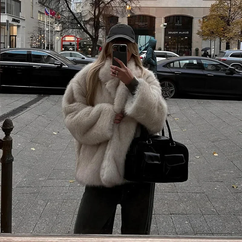 Solid Fluffy Faux Fur Thick Coat Women Fashion Warm Lapel Long Sleeve Short Jacket 2024 Autumn Winter Lady High Street Outerwear