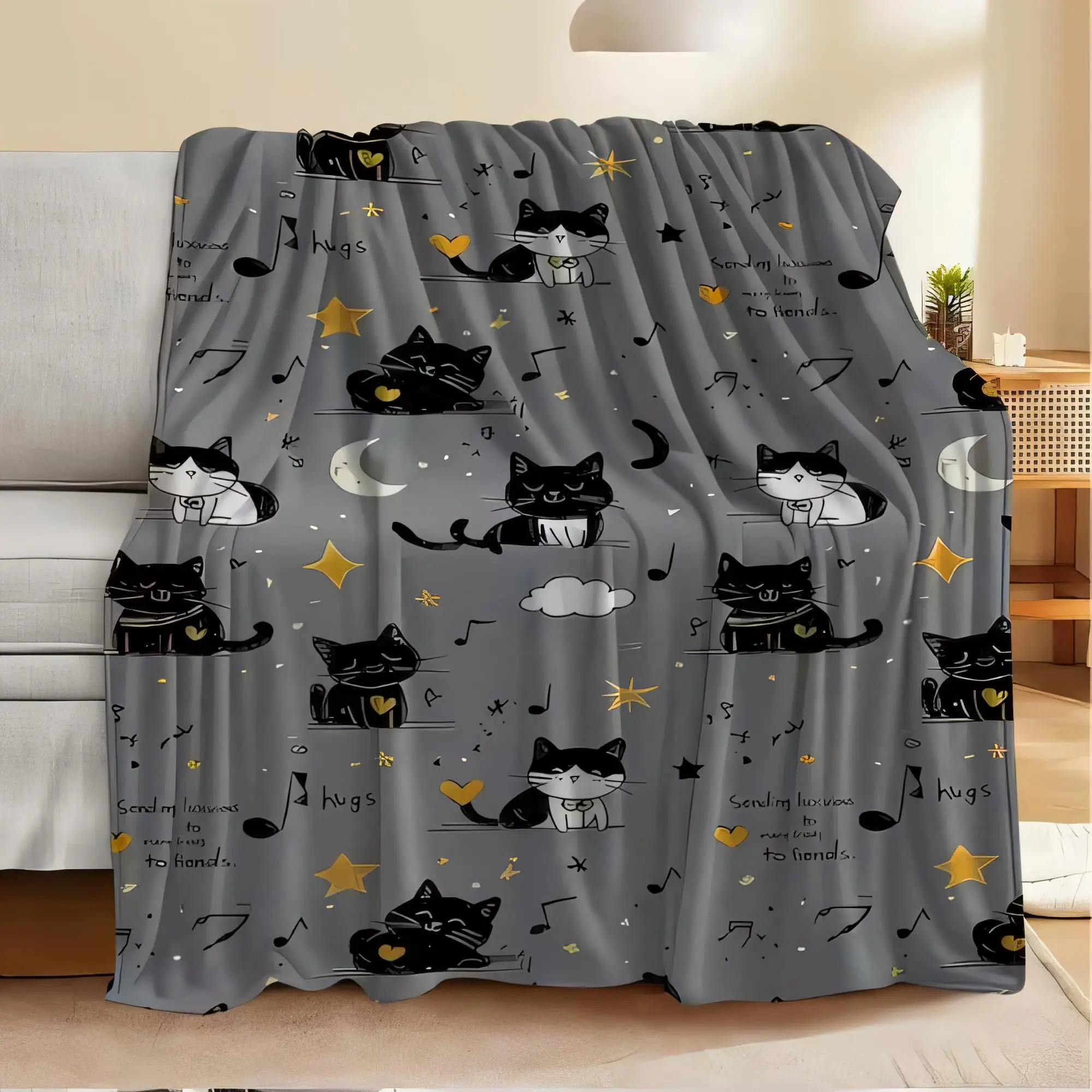 Cute Cat Pattern Blanket Gray Sofa Throw Soft Cozy Light Warm Home Decor with Yellow Hearts Stars Musical Notes Crescent Moon fo