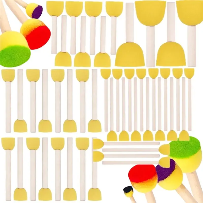 KYCOR-Round Paint Sponges Set 4 Sizes Yellow Sponge Brushes - Wooden Handle Sponge Paint Brushes For DIY, Kids Arts