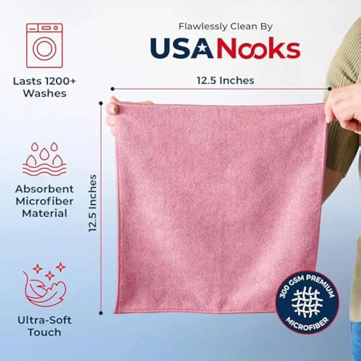 Premium 300GSM Microfiber Cleaning Cloth - 12.5'x12.5' High Performance - 1200 Washes, Ultra Absorbent Microfiber Towels for Car