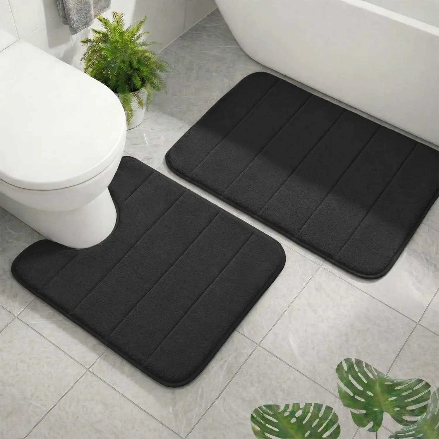 

2-Piece Memory Foam Bath Rugs Set, Ultra Soft, Quick Dry, Non-Slip, Machine Washable, Black