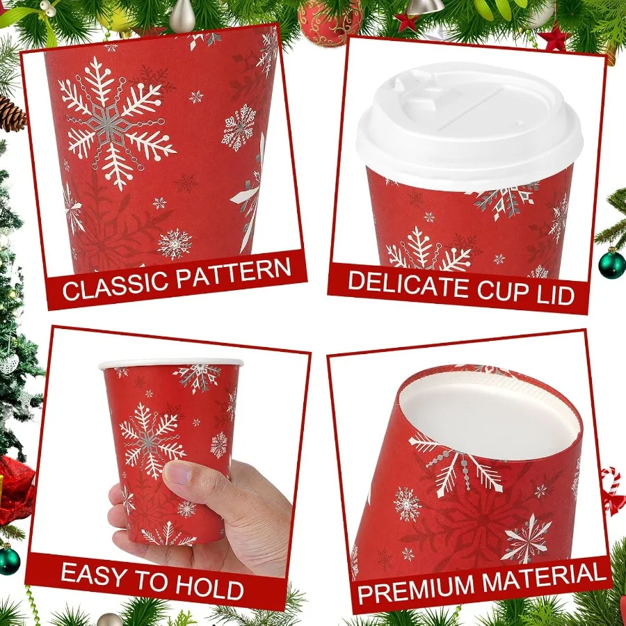 100Set Christmas Paper Cups with Lids 12oz Bulk Disposable Winter Red Snowflake Cups for Hot Chocolate Cold Drinks Ideal Holida