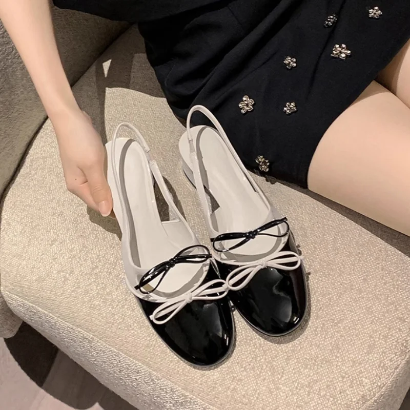 

2025 Spring Mary Jane Shoes French Style Women Shoes Patchwork Bowknot Ballets Round Shallow Backless Sandals Mid Heels Women