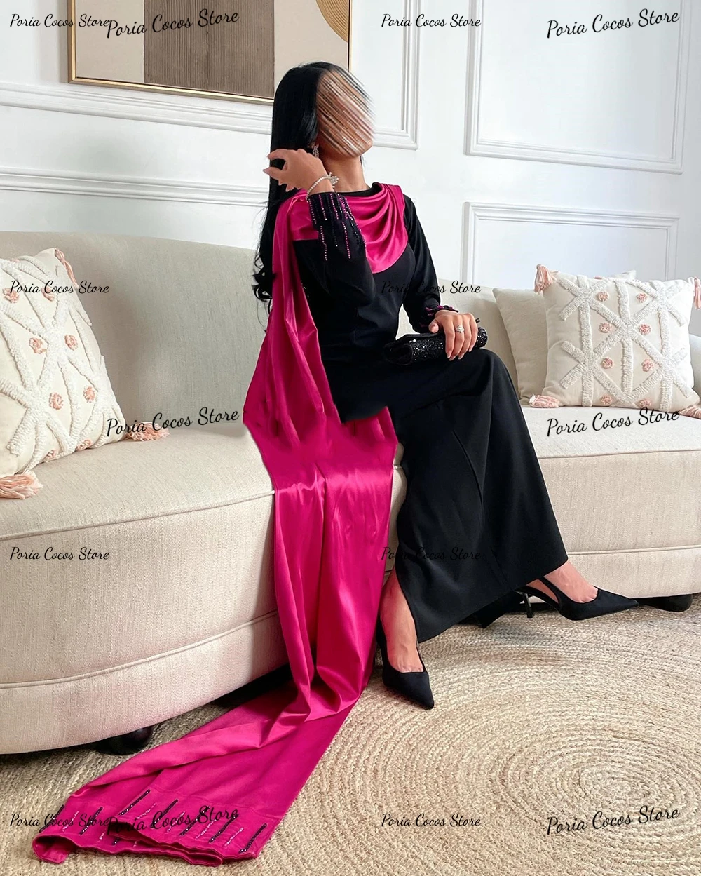 Customized Long Sleeve Straight Middle Eastern Style Evening Contrast Color Round Neck Gown فساتين سهرة فخمه