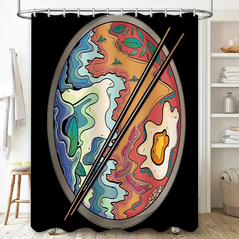 Japanese Ramen Noodle Shower Curtain Waterproof Vintage Food Decor Bathroom Set Artistic Japanese Cuisine Wall Hanging