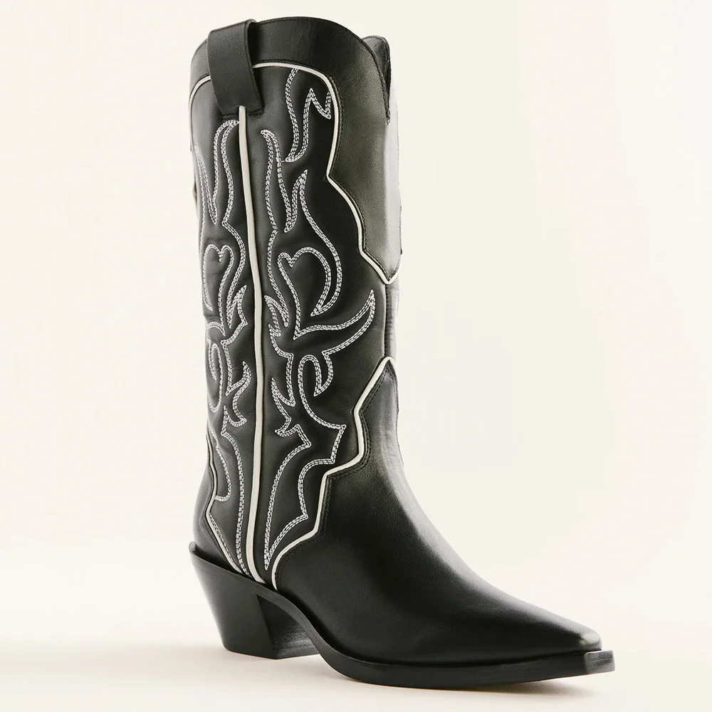 

Black Women Embroidered Cowboy Boots Knee High Cowgirl Boots Square Toe Western Tall Boots Chunky Heel Winter Shoes