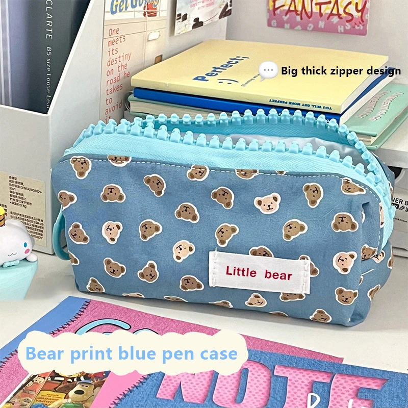 Cute Big Zipper Stationery Box Color Print Little Bear Pencil Case Thickened Edging Large Capacity Portable Storage Cosmetic Bag