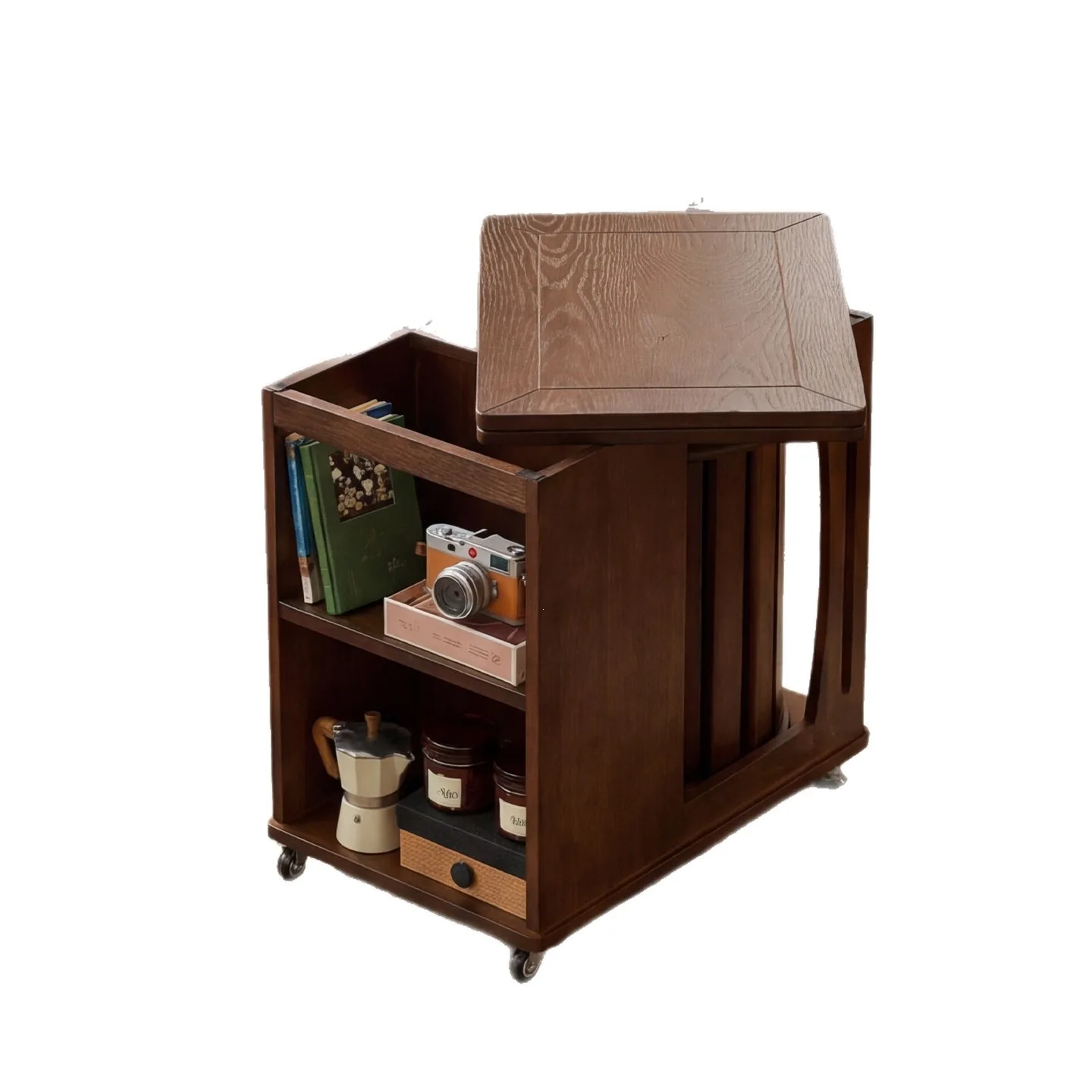 Solid wood sofa side cabinet side cabinet small apartment movable folding side few trolley antique living room household coffee