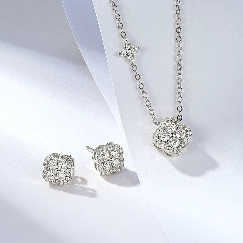 Moissanite Clover Stud Earrings and Pendant Necklace Set