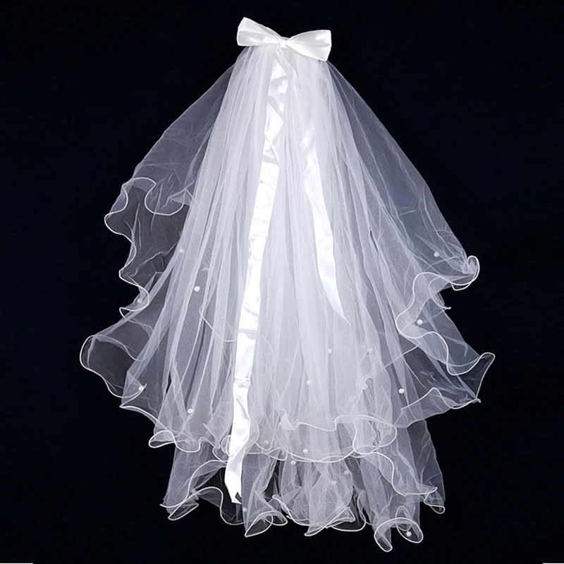 Short Wedding Veil With Comb Bow Pearls 2 Layers Simple Bridal Mariage Accessories 2024