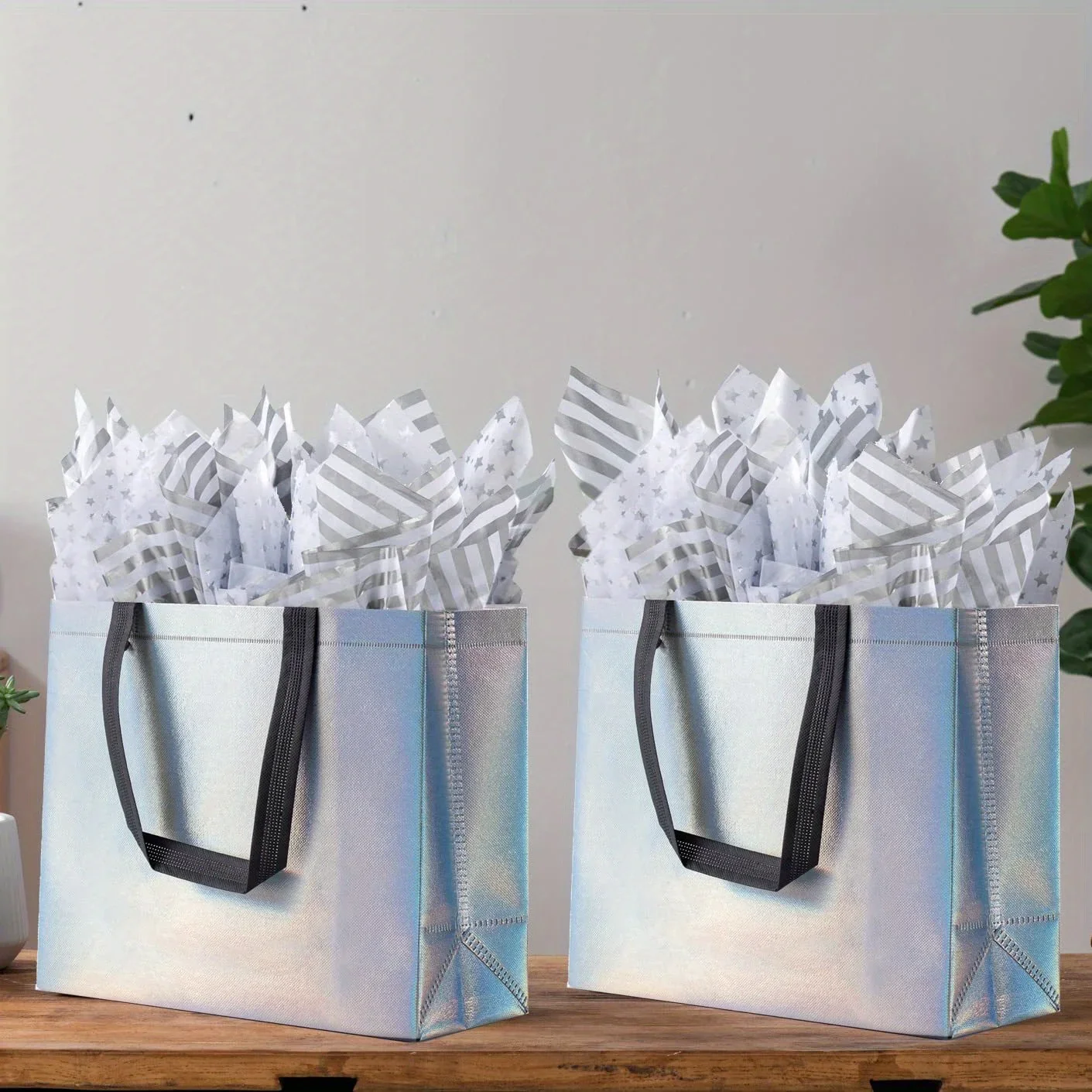 

20 Pack Glossy Silver Gift Bags with Tissue Paper, 12.5x4.7x11 Inches, Reusable Gift Bags, Large Gift Bags, Reusable Grocery Bag