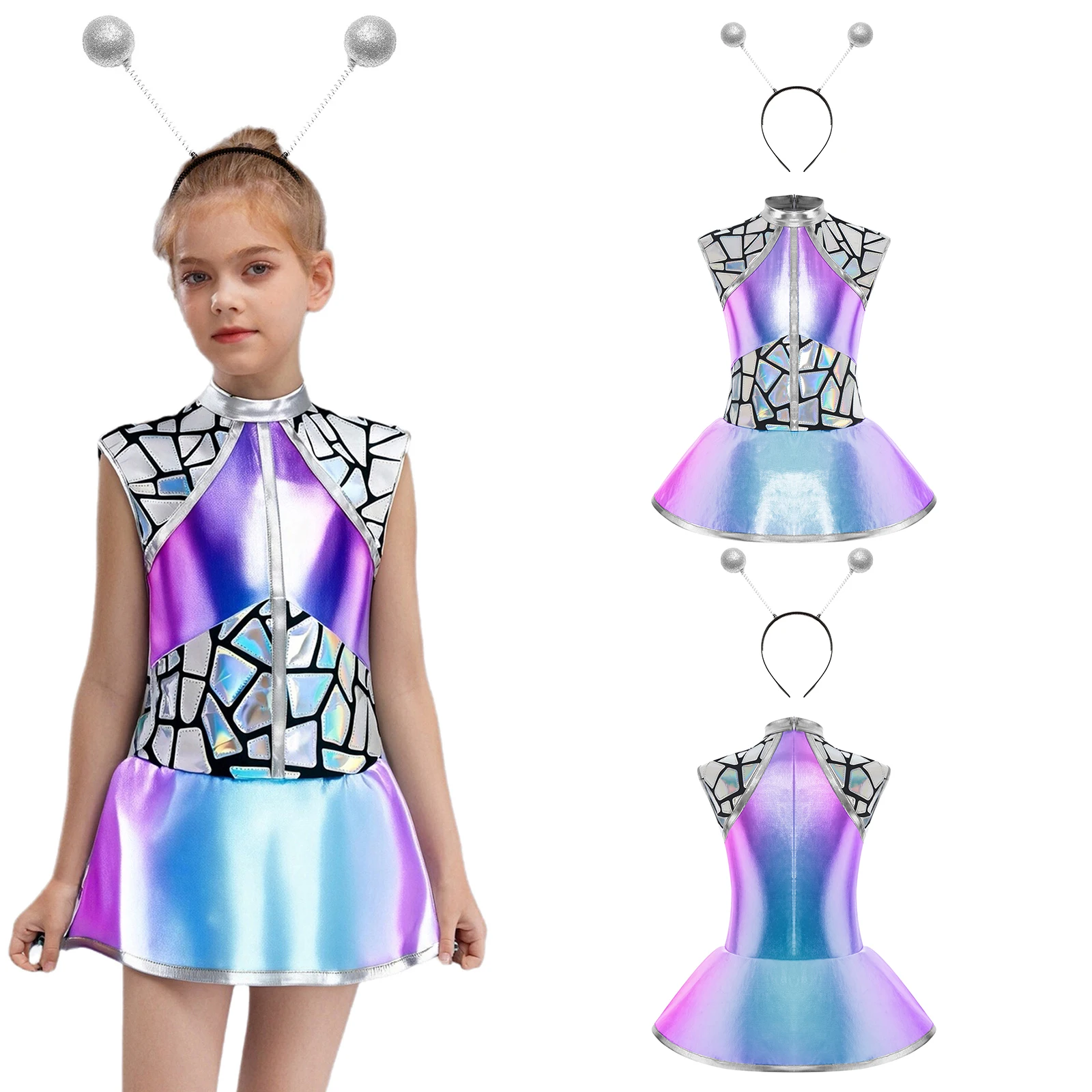 

Детский костюм инопланетянина для девочек, праздничное платье для косплея на Хэллоуин, платье без рукавов с молнией сзади и блестками, платье для ролевых игр, карнавальное платье