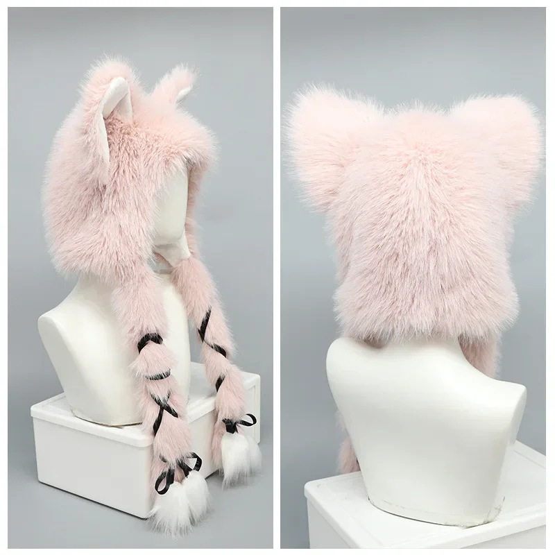 Chapeau de chat Stardust rose pour femme, bonnet d'oreille chaud en peluche pour fille, vêtements de sauna mignons, accessoires de costume de cosplay Lolita, automne, hiver