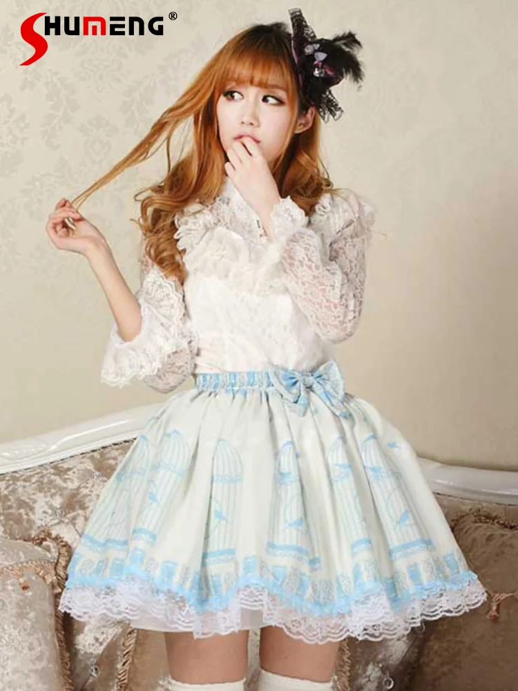 

Japanese Style Sweet Lolita Princess Short Skirts High Waist Bow Printed Lace Stitching A-line Kawaii Pleated Mini Skirt Women