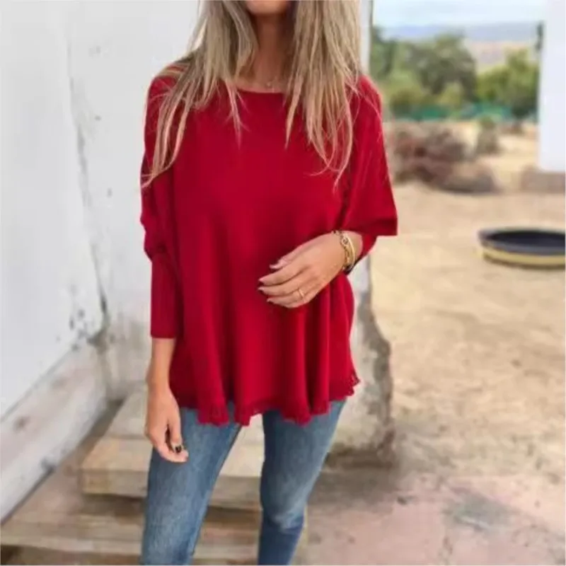 Autumn Winter Loose Long-sleeved Lace Top Sweater Women New Fashion Solid Round Neck Bat Sleeve Base Layer Lady Casual Sweaters