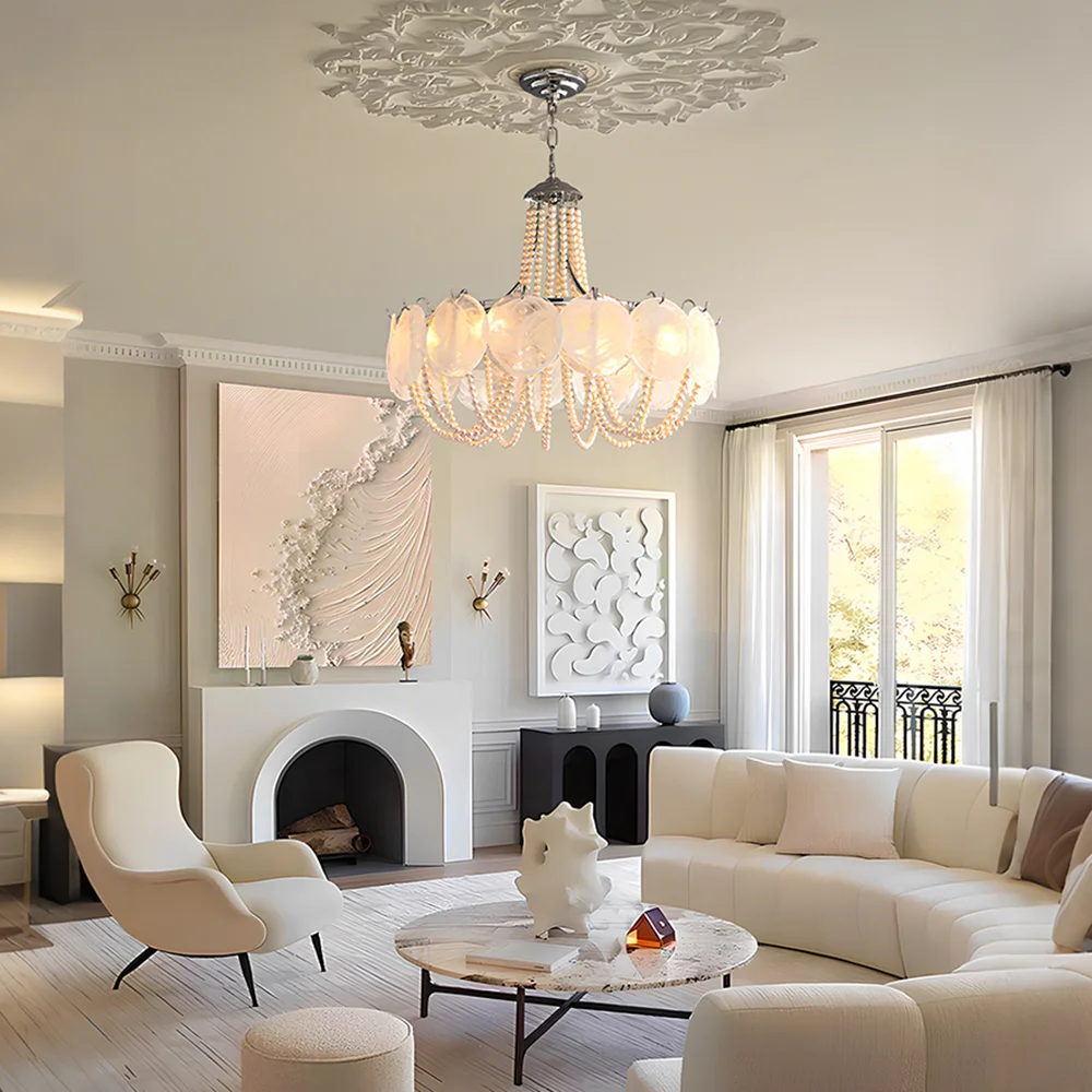 Murano Glass Chandelier With Pearl Strings For Living Dining Room Bedroom Round Colorful Glass Pendant Light Chrome Frame Lamp