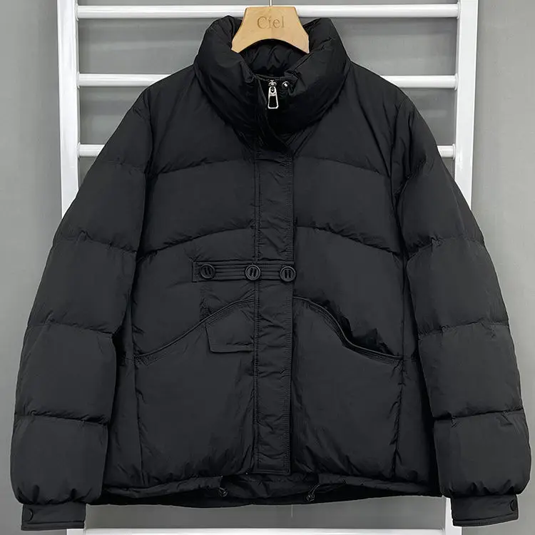 Korean Style Loose Short Down Jacket Women 2025 Warm White Duck Down Lightweight Stand Collar 3 Buttons Outerwear JK-263