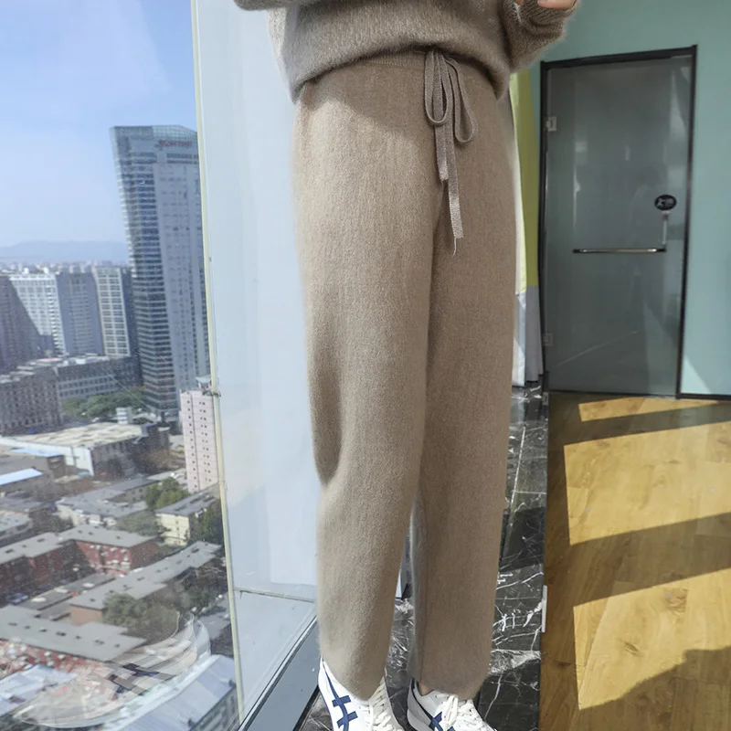 أنيقة الخريف والشتاء 100% الكشمير السراويل عالية الخصر أسلوب بسيط الكشمير تريكو مكتب سيدة مرونة الخصر بنطلون #3