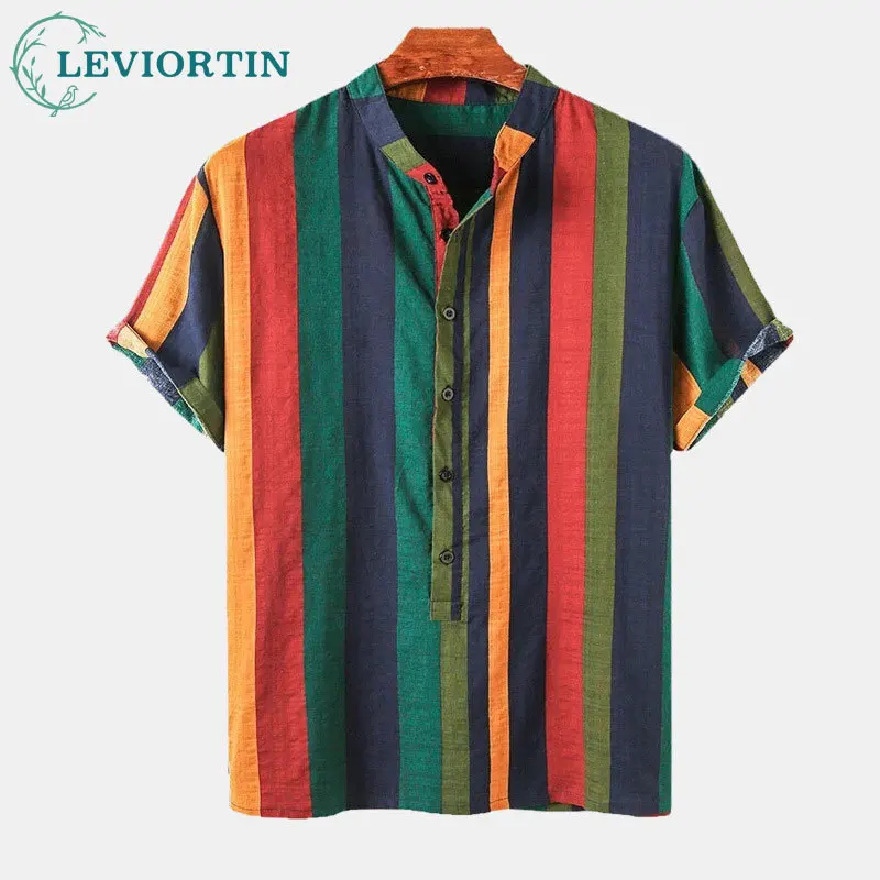 2025 Summer New Men's Fashion Versatile Stand up Collar Rainbow Stripe Short Sleeve Shirt Door Color Stripe Tube Thin Shirt
