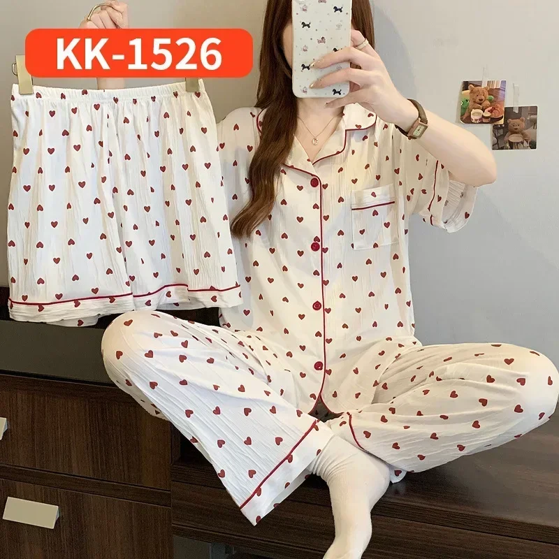 Neues Damen-Loungewear-Set aus Crinkle-Stoff, 3-teilig, Damenmode, Sommer, einfacher Herz-Pyjama, Mädchen, kurze Ärmel, Hose, Shorts, Schlafanzug