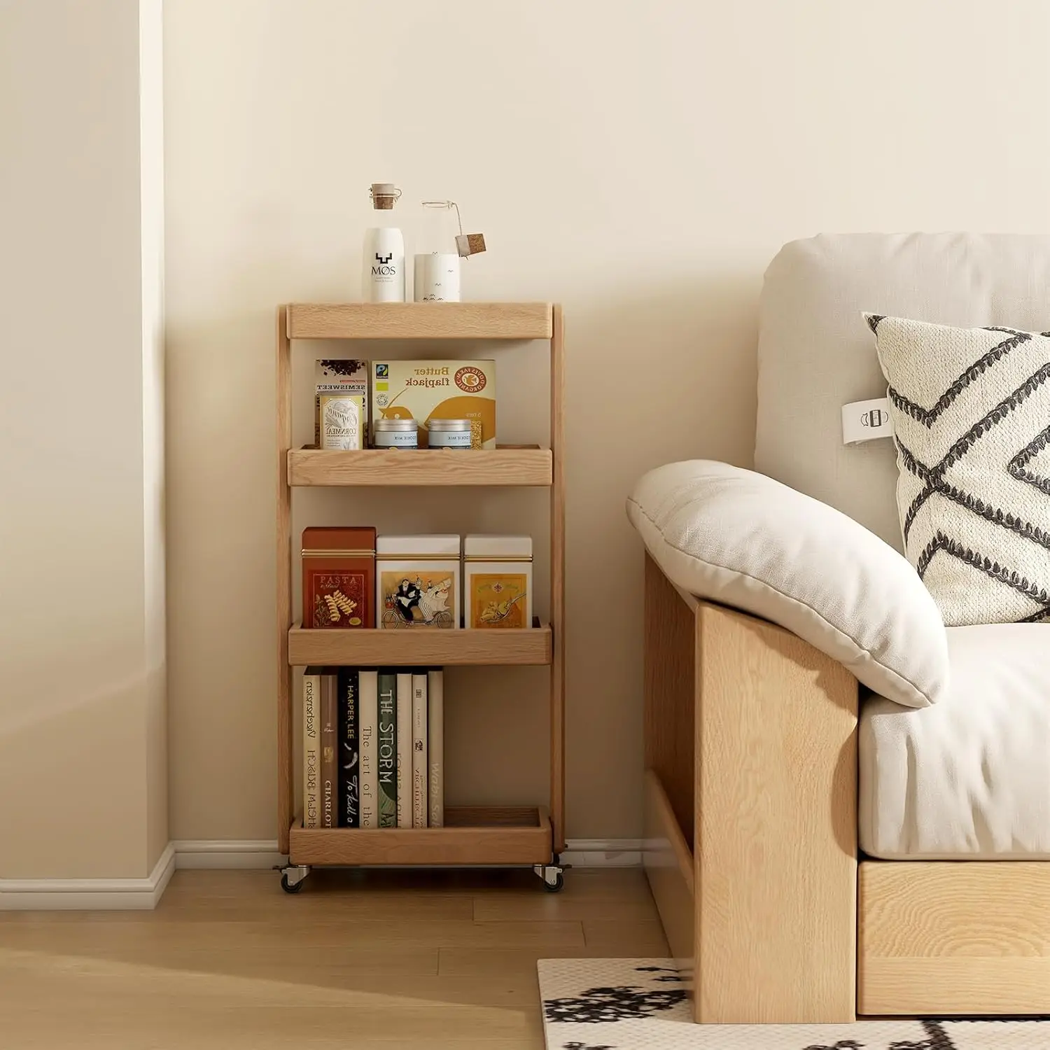 

4-Tier Rolling Cart with Lockable Wheels, Solid Oak Mobile Storage Trolley for Kitchen & Living Room