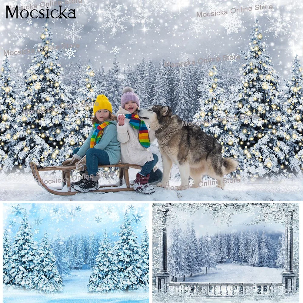 

Frozen Pine Forest Portrait Backdrop for Photography Snowflake Christmas Trees Kids Birthday Background Winter Snow Photocall