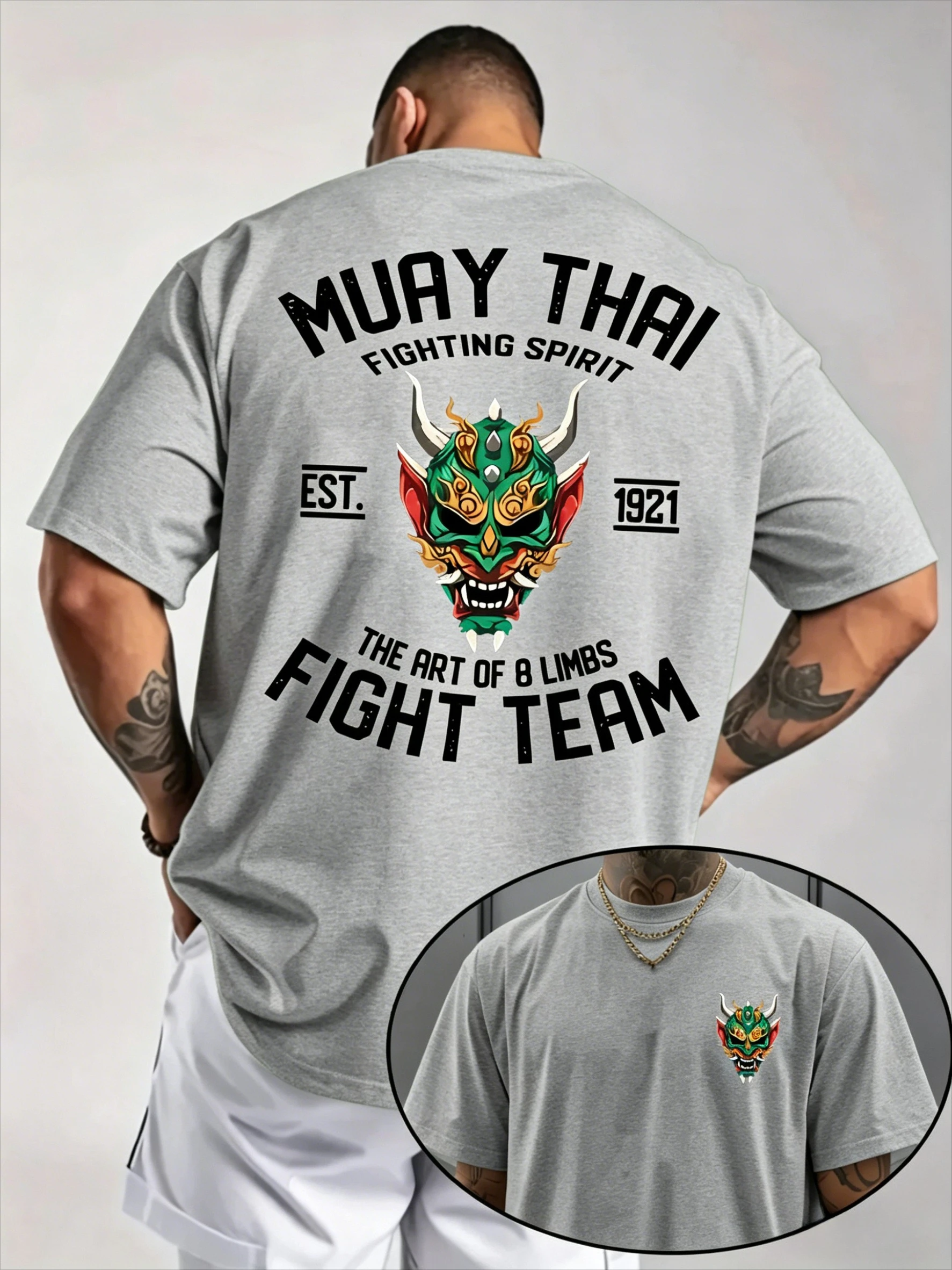Herren Trendy Casual Rundhals-T-Shirt, bequem, Sport-T-Shirt, Muay Thai, Alphabet-Muster, bedruckt, Alltagskleidung, kurze Ärmel, Sommer – Detail 6