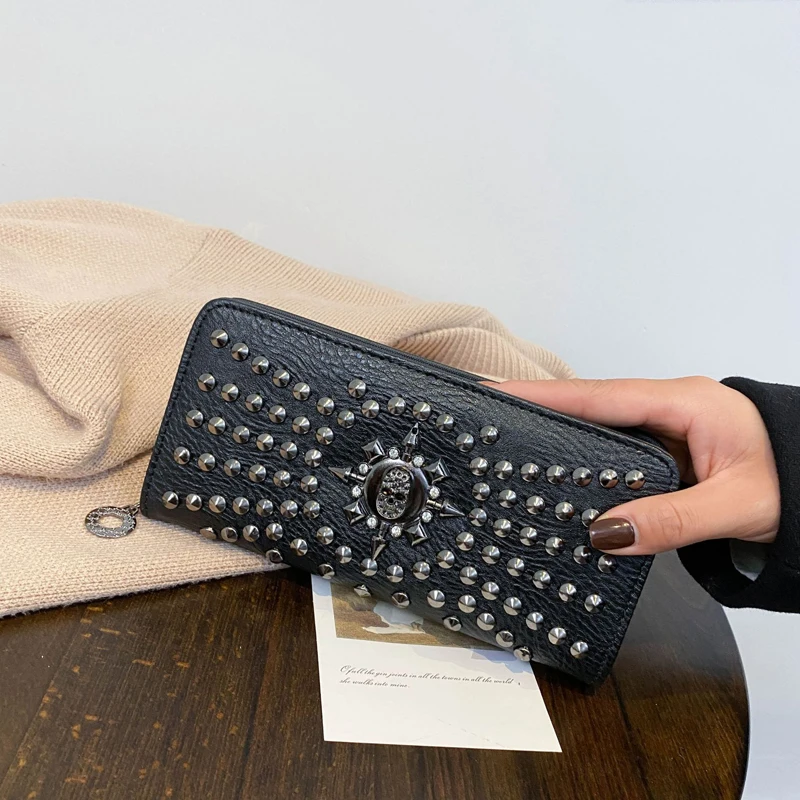 SHELKSBAG Skull Wallet Studded Large Clutch Punk Gothic Rivets Credit Card Wallets Faux Leather Designer Vintage Purses
