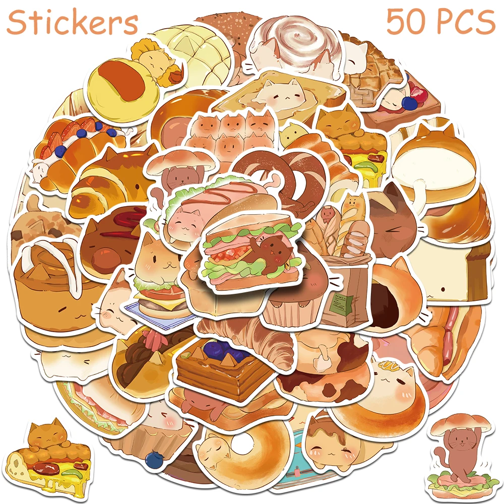 

50pcs Cartoon Cute Bread Cat Stickers Decals For Phone Scrapbook Suitcase Guitar DIY Aesthetic Stickers Kids Creative Toys Gifts