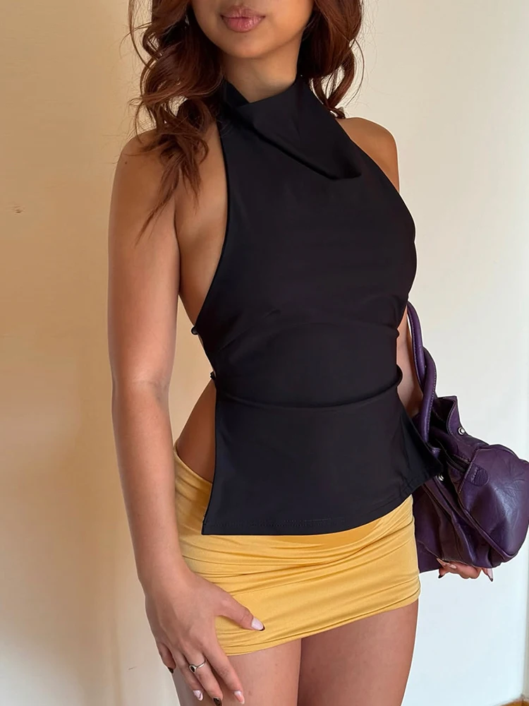 Sisterlinda Backless Tank Top Women Halter Hottie Wild Hipster Summer Trend Simple Solid Chic Stretch Slim Midnight Clubwear