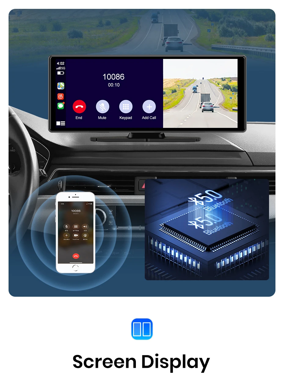 Junsun 10,26 Zoll Dashcam 4K Auto-DVR, kabelloses Carplay für Apple Android Auto, GPS-Navigation, Dashboard-Videorecorder, IPS-Touchscreen, Dual-Objektiv-Rückfahrkamera, BT-Audio, AUX, WIFI, FM – Detail 8