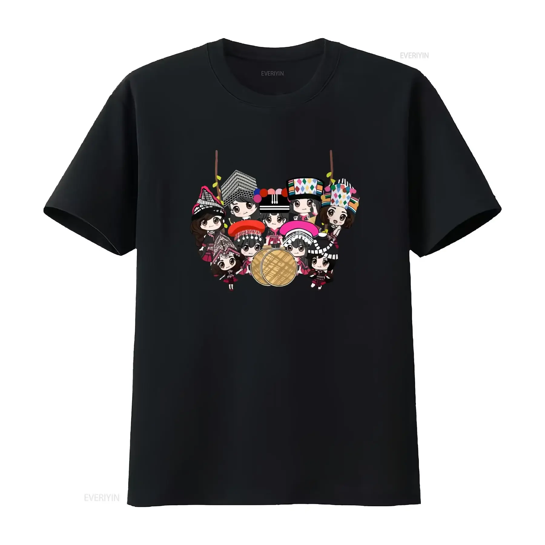 9 Hmong Girls Cartoon Print T shirt U1K5 Colorful Ethnic Style for Trendy Fashion vintage Washed Top For Everyday Wear graphic