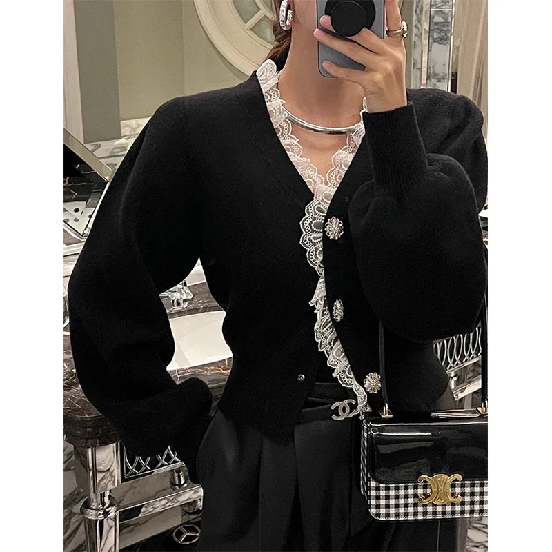 Vintage Knitted Cardigan Women Cropped Lace Black Sweater Outerwears Elegant Korean V Neck Knitwears Winter Design Jumpers