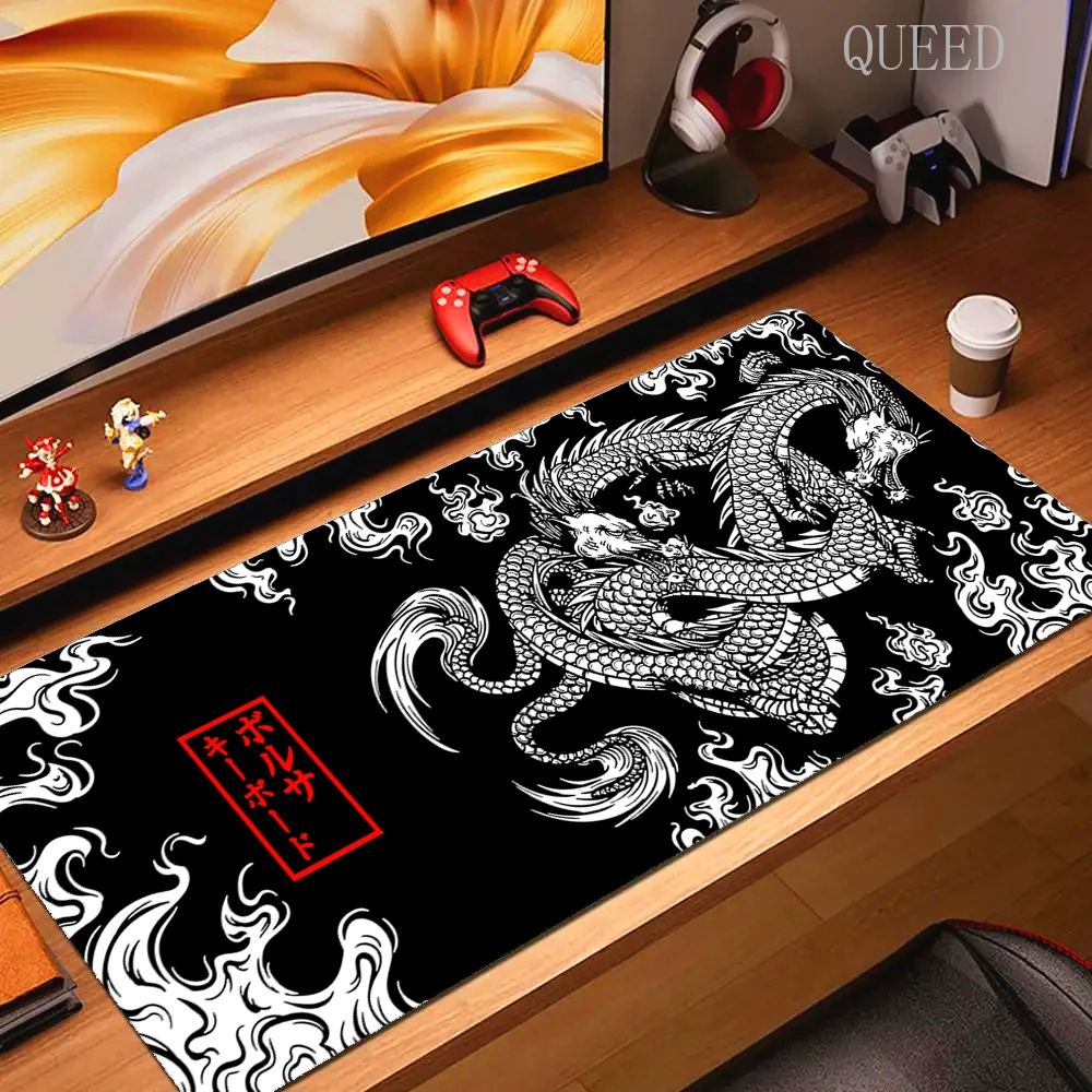 Large Gaming Mouse Pad Black and White Dragon Keyboard Mat Carpet HD Print Mousepad Computer Non-Slip Rubber Big Desk Mat 90x40