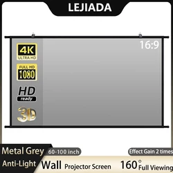 LEJIADA-Tela Projetor Montada na Parede, Tela de Projeção Refletiva Anti-Luz para Home Theater e Exterior, Cinza Metal, 60 polegadas, 84 polegadas, 100 polegadas